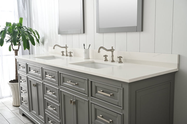 Milano 84" Double Sink Vanity with White Quartz Top - Design Element Bath Kitchen - Bathroom Vanity - Navy with Satin Gold Hardware