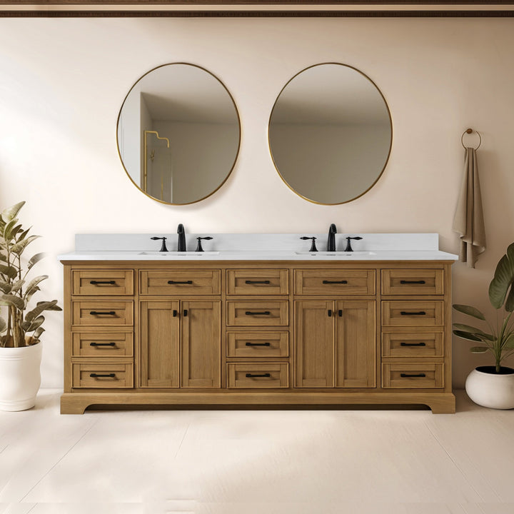 Milano 84" Double Sink Vanity with White Quartz Top - Design Element Bath Kitchen - Bathroom Vanity - Navy with Satin Gold Hardware