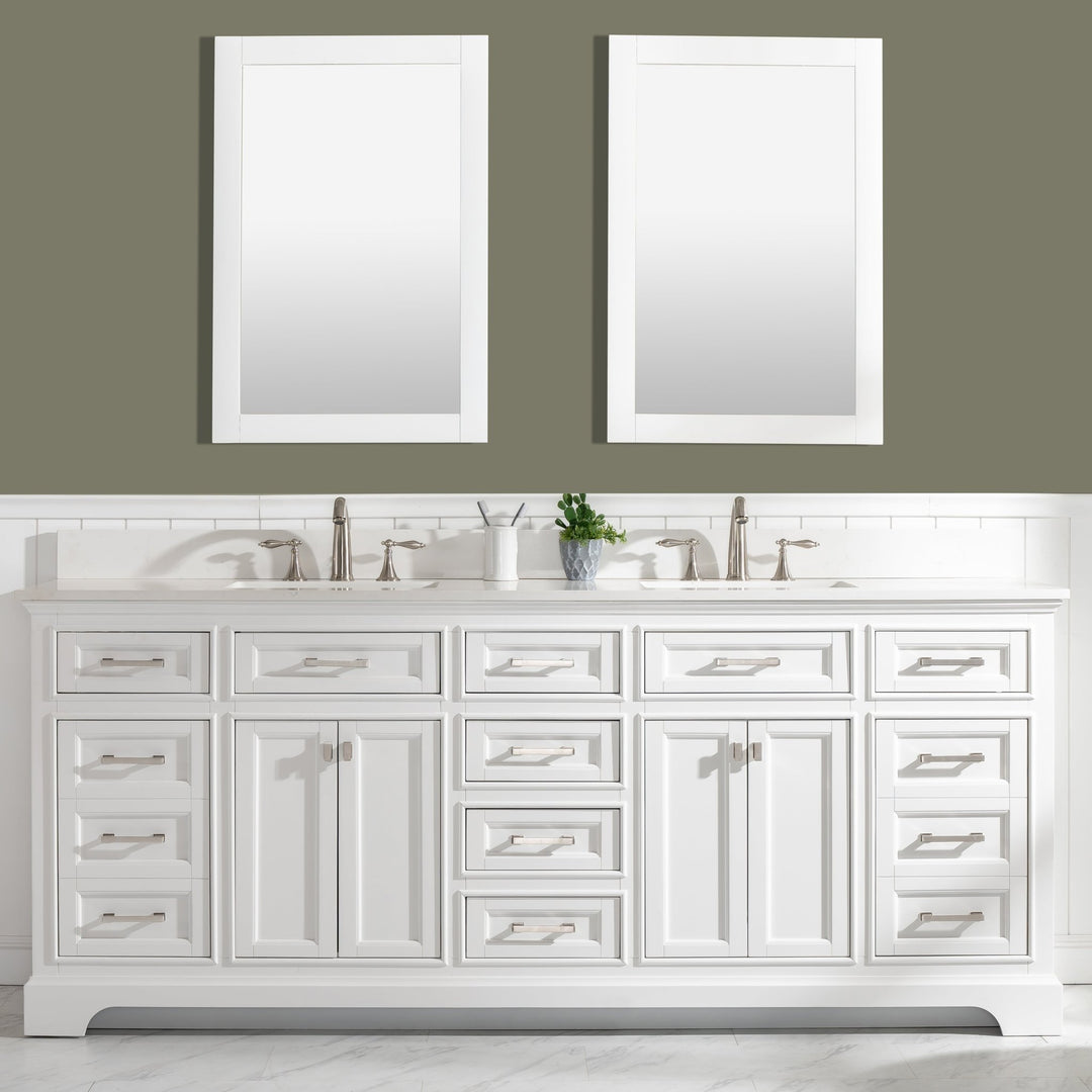 Milano 84" Double Sink Vanity with White Quartz Top - Design Element Bath Kitchen - Bathroom Vanity - Navy with Satin Gold Hardware