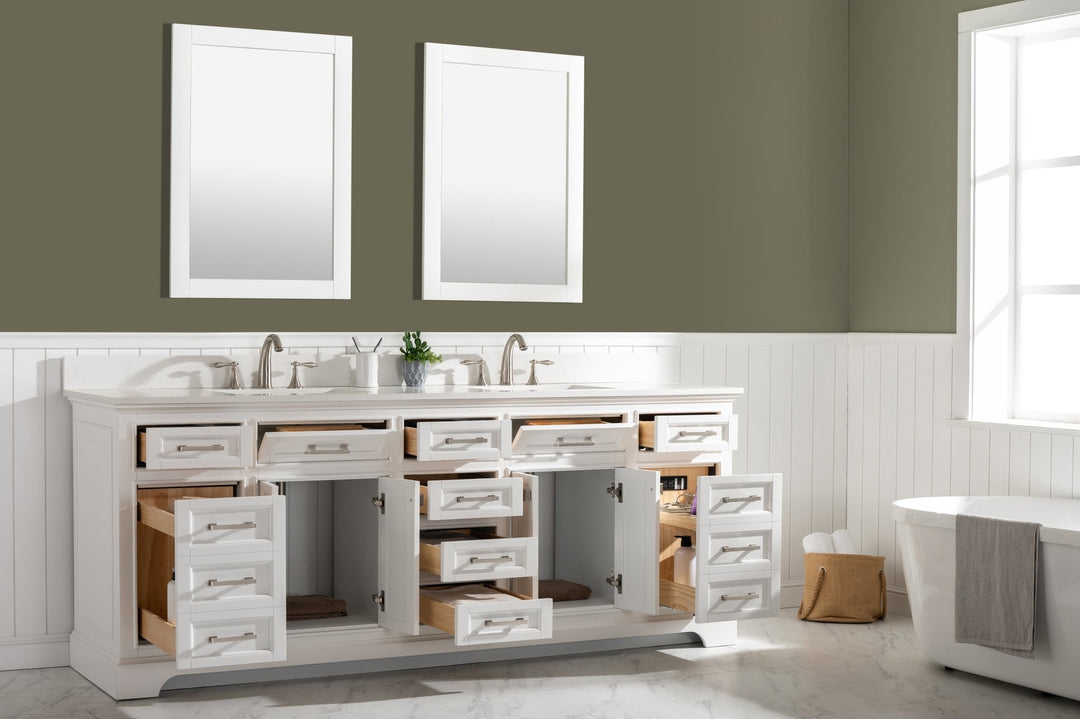 Milano 84" Double Sink Vanity with White Quartz Top - Design Element Bath Kitchen - Bathroom Vanity - Navy with Satin Gold Hardware