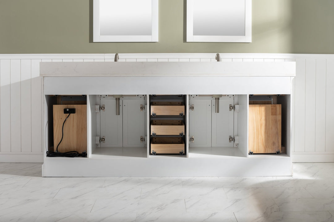 Milano 84" Double Sink Vanity with White Quartz Top - Design Element Bath Kitchen - Bathroom Vanity - Navy with Satin Gold Hardware
