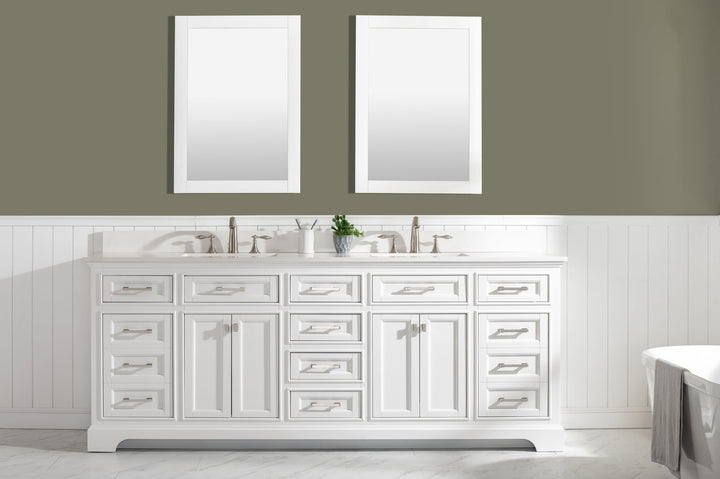 Milano 84" Double Sink Vanity with White Quartz Top - Design Element Bath Kitchen - Bathroom Vanity - Navy with Satin Gold Hardware