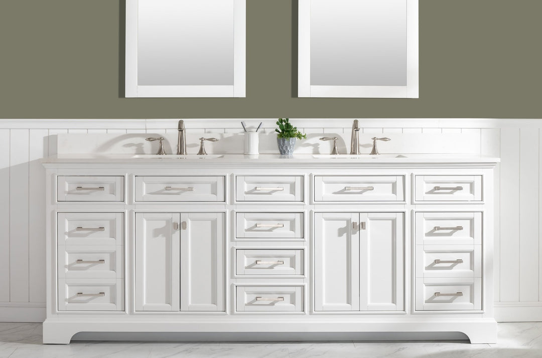 Milano 84" Double Sink Vanity with White Quartz Top - Design Element Bath Kitchen - Bathroom Vanity - Navy with Satin Gold Hardware