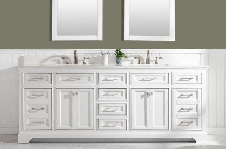 Milano 84" Double Sink Vanity with White Quartz Top - Design Element Bath Kitchen - Bathroom Vanity - Navy with Satin Gold Hardware