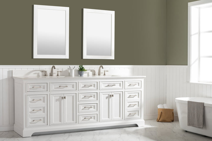 Milano 84" Double Sink Vanity with White Quartz Top - Design Element Bath Kitchen - Bathroom Vanity - Navy with Satin Gold Hardware
