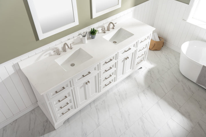 Milano 84" Double Sink Vanity with White Quartz Top - Design Element Bath Kitchen - Bathroom Vanity - Navy with Satin Gold Hardware