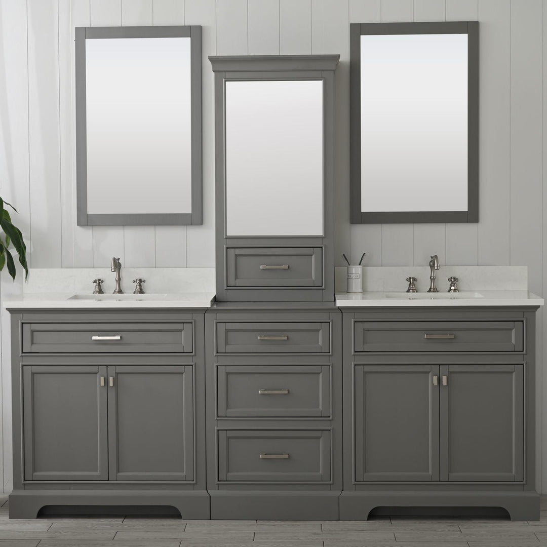 Milano 84" Modular Double Sink Vanity Set with White Quartz Top - Design Element Bath Kitchen - Bathroom Vanity - Gray with Silver Satin Hardware