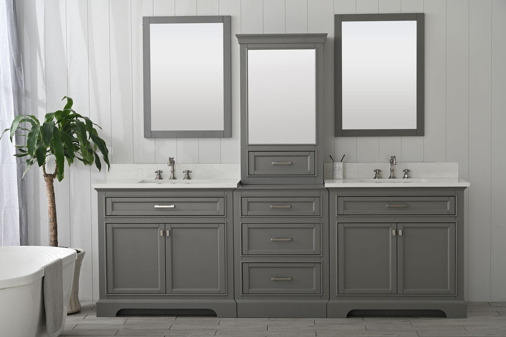 Milano 84" Modular Double Sink Vanity Set with White Quartz Top - Design Element Bath Kitchen - Bathroom Vanity - Heritage Oak with Matte Black Hardware