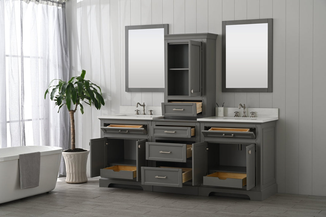 Milano 84" Modular Double Sink Vanity Set with White Quartz Top - Design Element Bath Kitchen - Bathroom Vanity - Heritage Oak with Matte Black Hardware