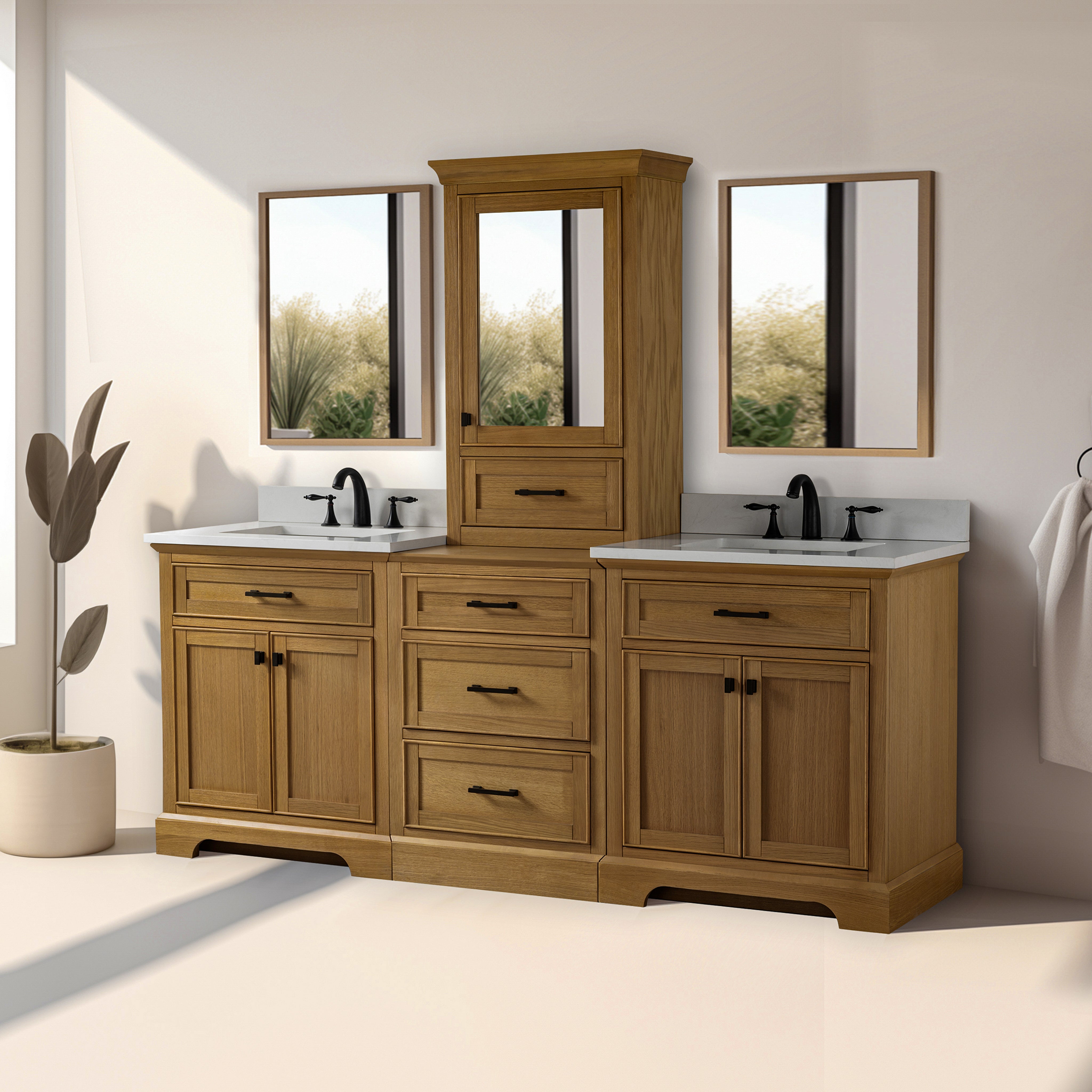 Milano 84" Modular Double Sink Vanity Set with White Quartz Top