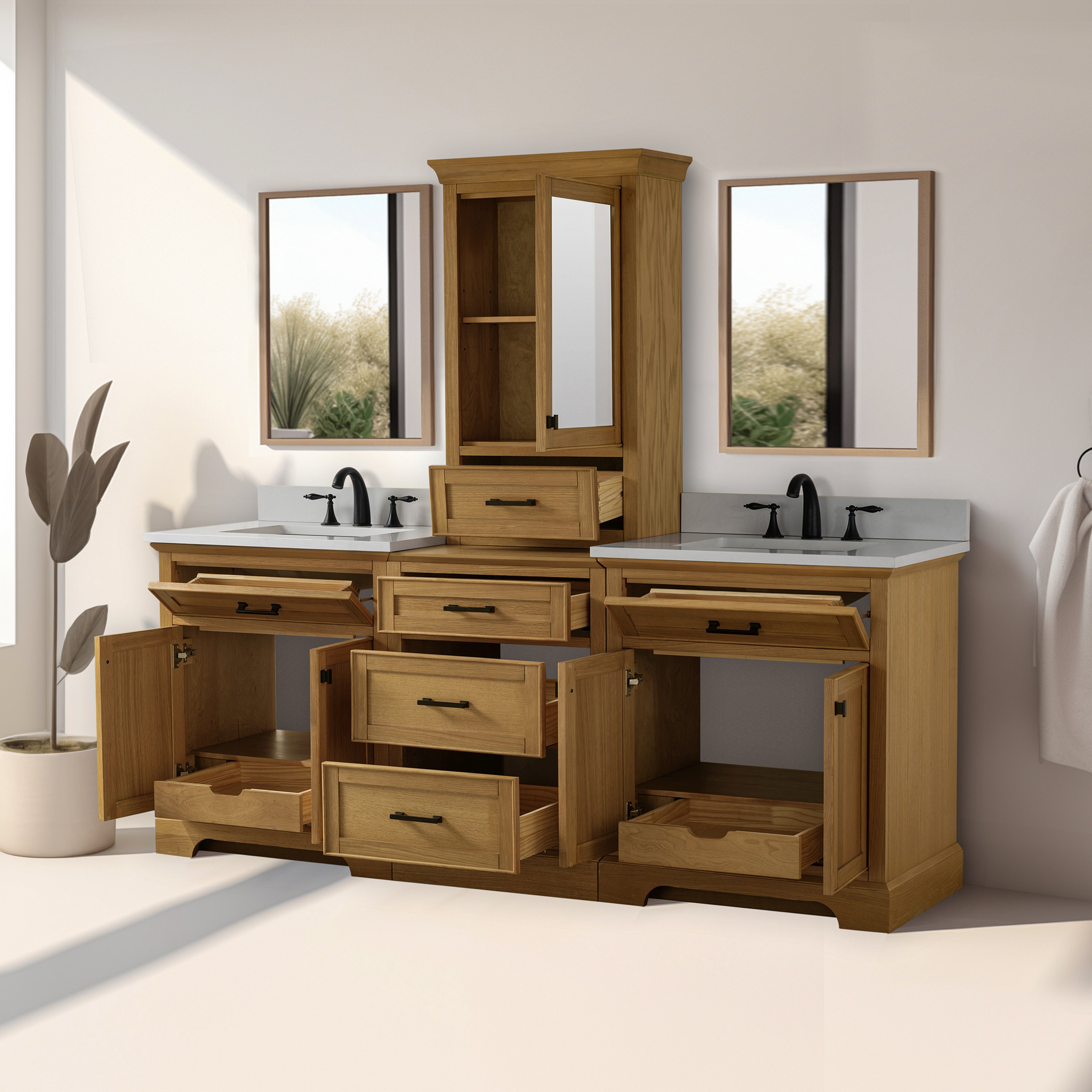 Milano 84" Modular Double Sink Vanity Set with White Quartz Top