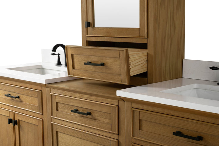 Milano 84" Modular Double Sink Vanity Set with White Quartz Top - Design Element Bath Kitchen - Bathroom Vanity - Heritage Oak with Matte Black Hardware
