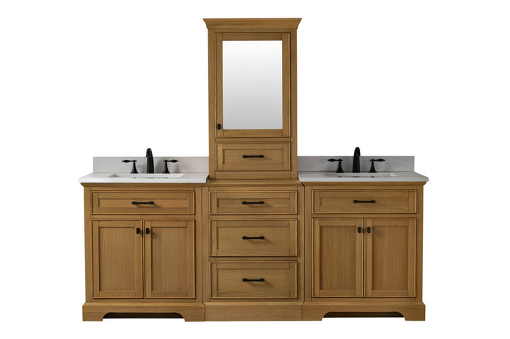 Milano 84" Modular Double Sink Vanity Set with White Quartz Top - Design Element Bath Kitchen - Bathroom Vanity - Heritage Oak with Matte Black Hardware