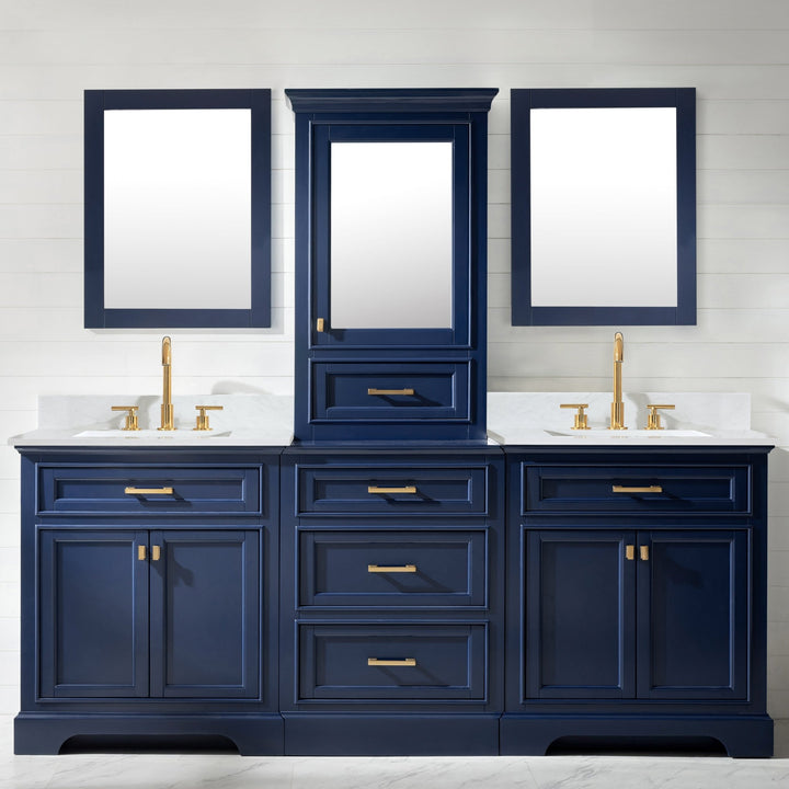 Milano 96" Modular Double Sink Vanity Set with White Quartz Top - Design Element Bath Kitchen - Bathroom Vanity - Heritage Oak with Matte Black Hardware