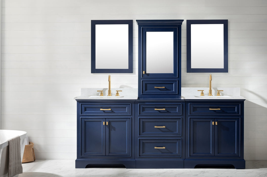 Milano 96" Modular Double Sink Vanity Set with White Quartz Top - Design Element Bath Kitchen - Bathroom Vanity - Heritage Oak with Matte Black Hardware