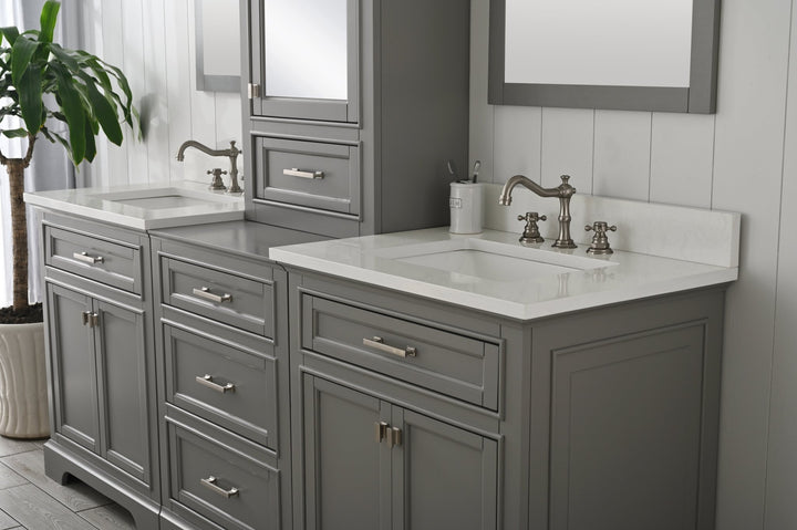 Milano 96" Modular Double Sink Vanity Set with White Quartz Top - Design Element Bath Kitchen - Bathroom Vanity - Heritage Oak with Matte Black Hardware