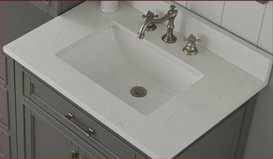 Milano 96" Modular Double Sink Vanity Set with White Quartz Top - Design Element Bath Kitchen - Bathroom Vanity - Heritage Oak with Matte Black Hardware