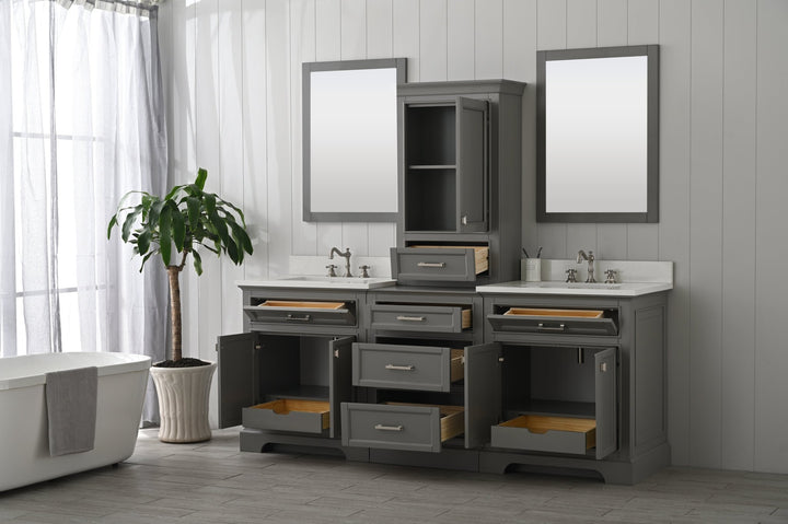 Milano 96" Modular Double Sink Vanity Set with White Quartz Top - Design Element Bath Kitchen - Bathroom Vanity - Heritage Oak with Matte Black Hardware