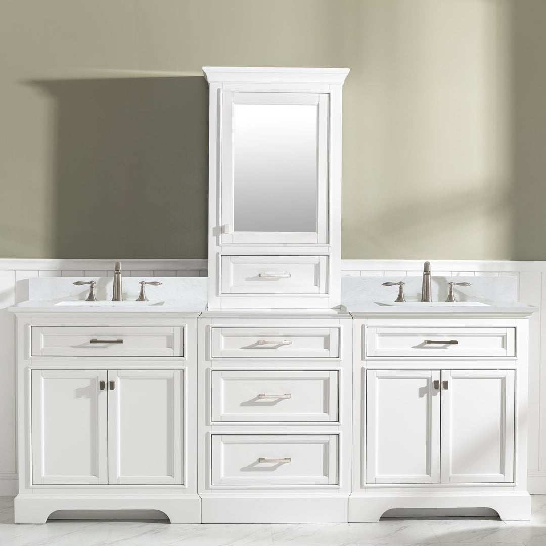 Milano 96" Modular Double Sink Vanity Set with White Quartz Top - Design Element Bath Kitchen - Bathroom Vanity - Heritage Oak with Matte Black Hardware