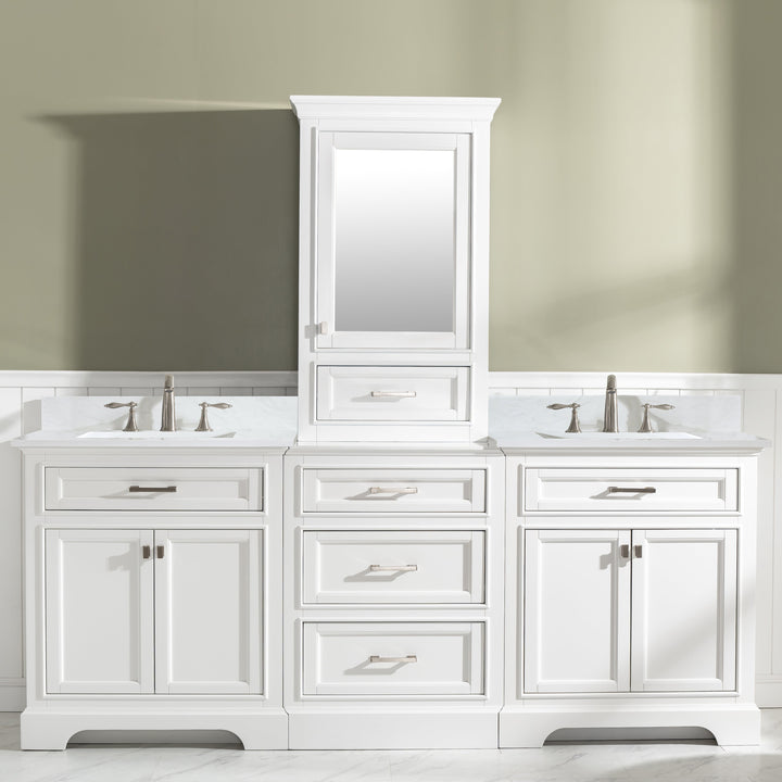 Milano 96" Modular Double Sink Vanity Set with White Quartz Top - Design Element Bath Kitchen - Bathroom Vanity - White with Silver Satin Hardware