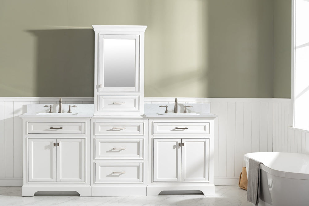 Milano 96" Modular Double Sink Vanity Set with White Quartz Top - Design Element Bath Kitchen - Bathroom Vanity - Heritage Oak with Matte Black Hardware