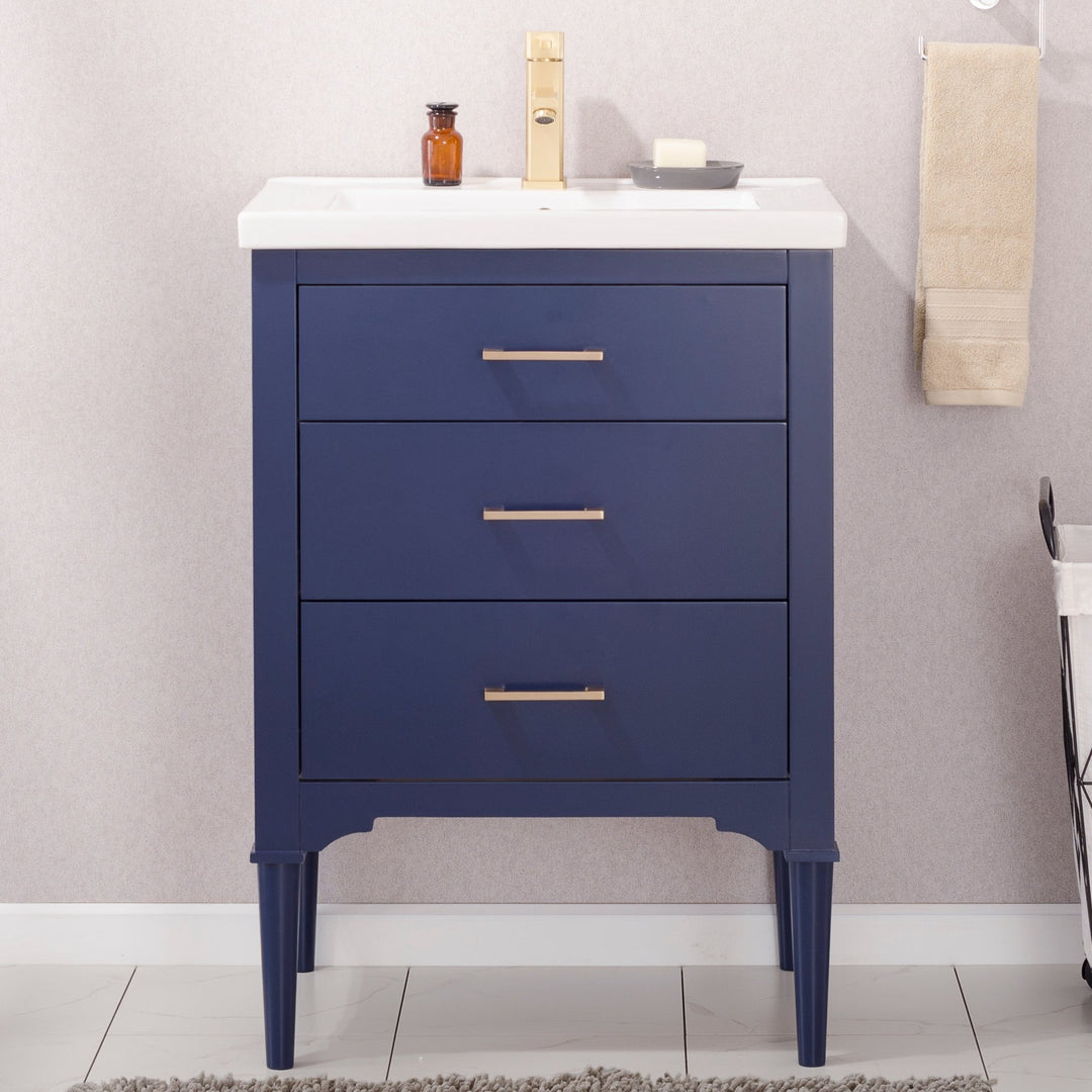 Mason 24" Single Sink Vanity with Porcelain Top - Design Element Bath Kitchen - Bathroom Vanity - Navy with Satin Gold Hardware