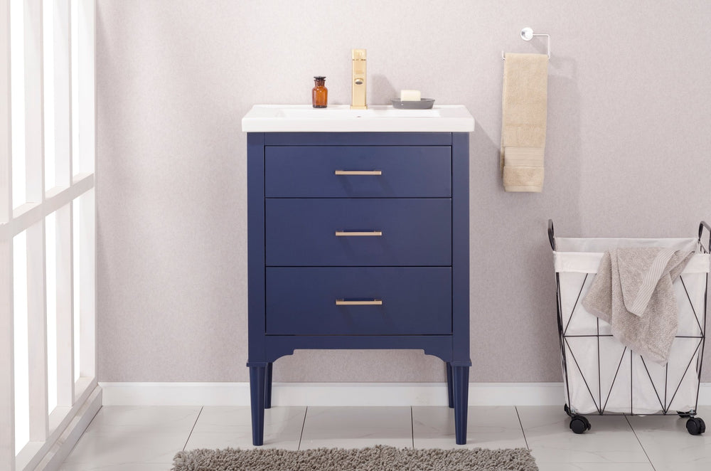 Mason 24" Single Sink Vanity with Porcelain Top - Design Element Bath Kitchen - Bathroom Vanity - Navy with Satin Gold Hardware