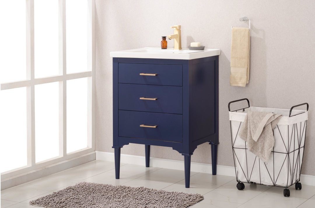 Mason 24" Single Sink Vanity with Porcelain Top - Design Element Bath Kitchen - Bathroom Vanity - Navy with Satin Gold Hardware