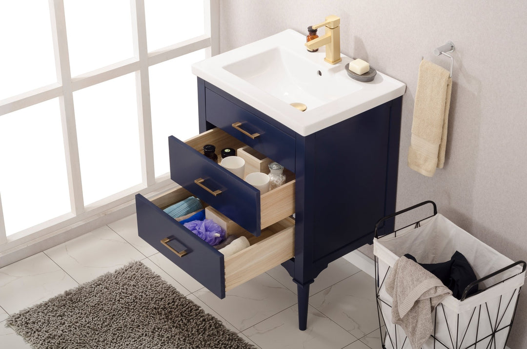 Mason 24" Single Sink Vanity with Porcelain Top - Design Element Bath Kitchen - Bathroom Vanity - Navy with Satin Gold Hardware