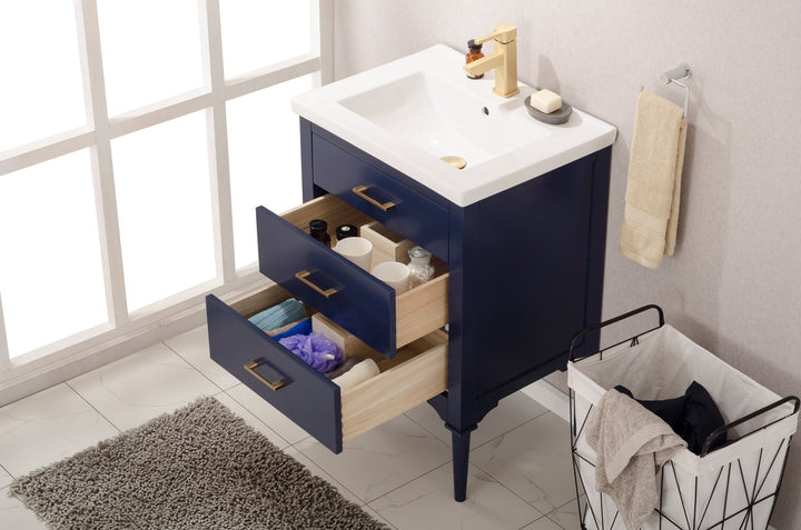 Mason 24" Single Sink Vanity with Porcelain Top - Design Element Bath Kitchen - Bathroom Vanity - Navy with Satin Gold Hardware