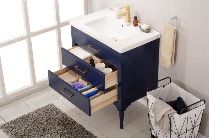 Mason 30" Single Sink Vanity with Porcelain Top - Design Element Bath Kitchen - Bathroom Vanity - White with Silver Satin Hardware