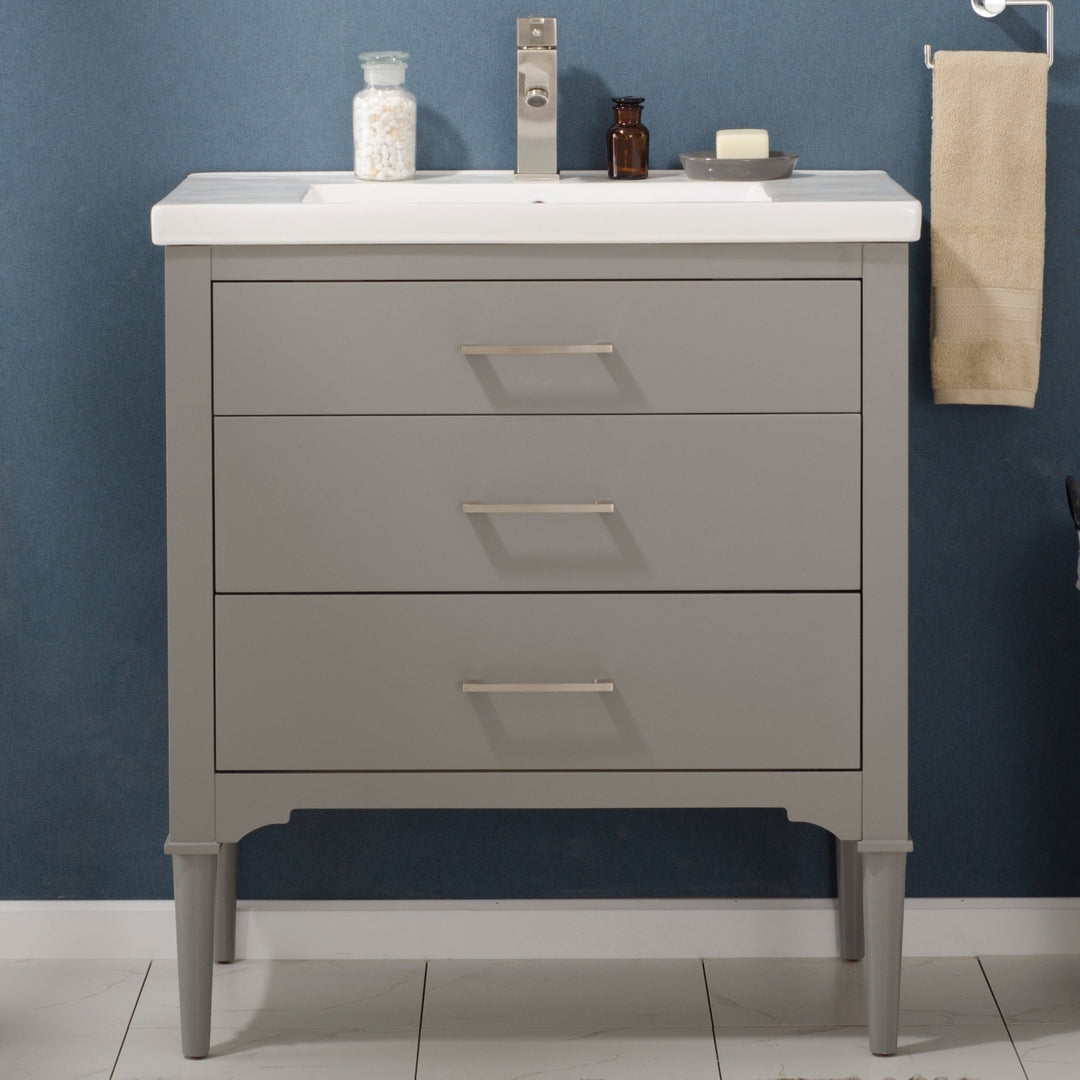 Mason 30" Single Sink Vanity with Porcelain Top - Design Element Bath Kitchen - Bathroom Vanity - White with Silver Satin Hardware