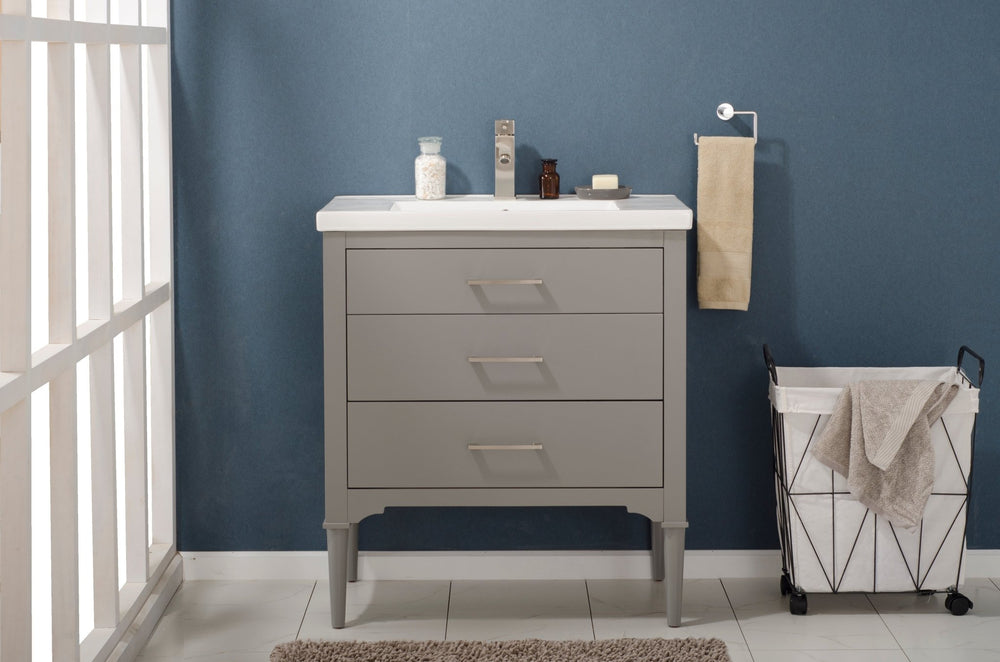 Mason 30" Single Sink Vanity with Porcelain Top - Design Element Bath Kitchen - Bathroom Vanity - White with Silver Satin Hardware