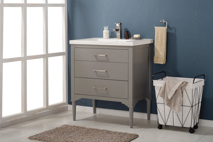 Mason 30" Single Sink Vanity with Porcelain Top - Design Element Bath Kitchen - Bathroom Vanity - White with Silver Satin Hardware