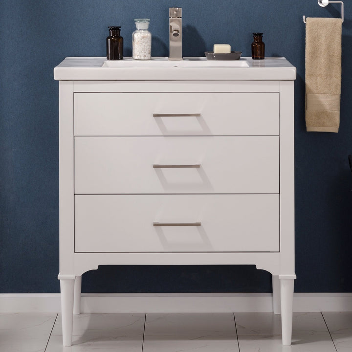 Mason 30" Single Sink Vanity with Porcelain Top - Design Element Bath Kitchen - Bathroom Vanity - White with Silver Satin Hardware