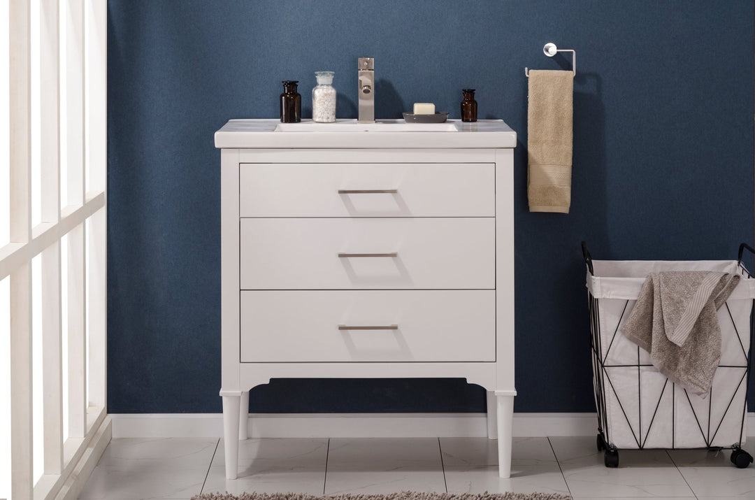 Mason 30" Single Sink Vanity with Porcelain Top - Design Element Bath Kitchen - Bathroom Vanity - White with Silver Satin Hardware