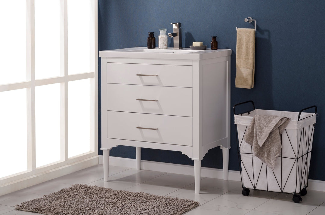 Mason 30" Single Sink Vanity with Porcelain Top - Design Element Bath Kitchen - Bathroom Vanity - White with Silver Satin Hardware