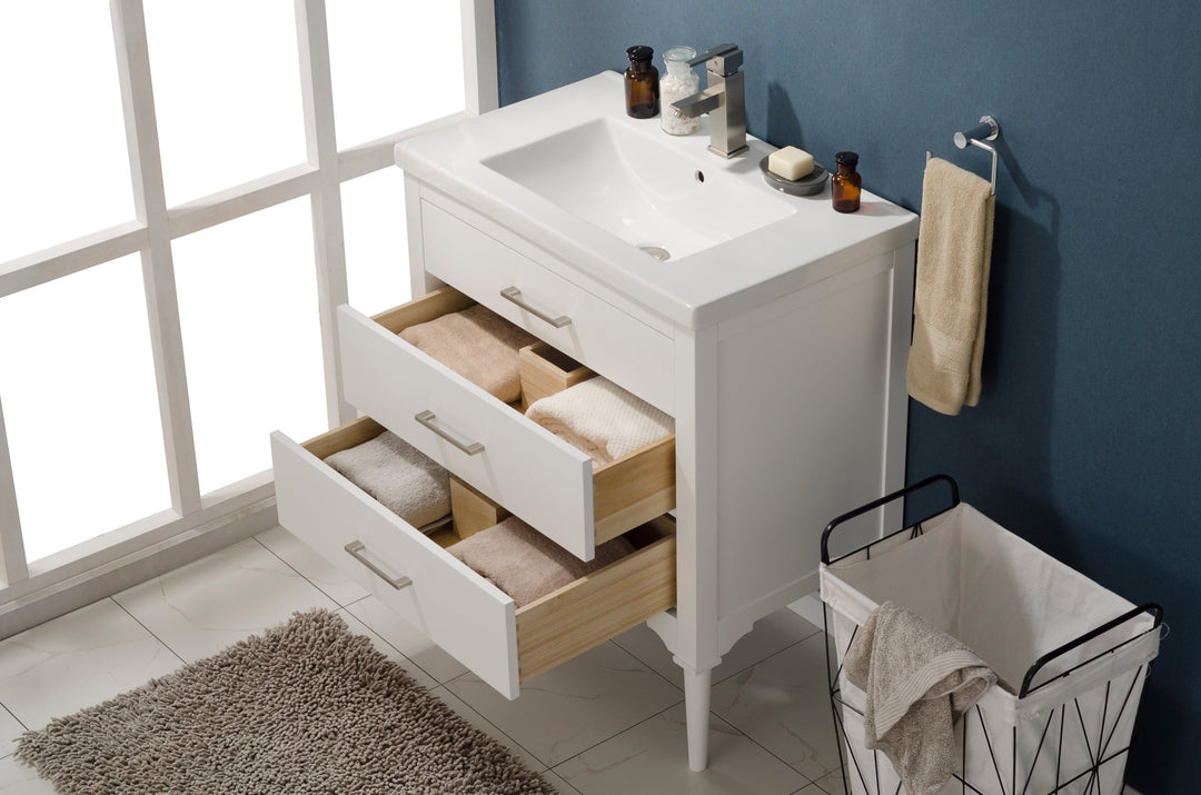 Mason 30" Single Sink Vanity with Porcelain Top - Design Element Bath Kitchen - Bathroom Vanity - White with Silver Satin Hardware