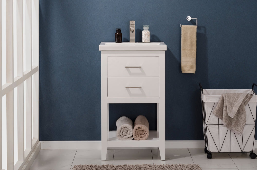 Cara 20" Single Sink Vanity with Porcelain Top - Design Element Bath Kitchen - Bathroom Vanity - White with Silver Satin Hardware