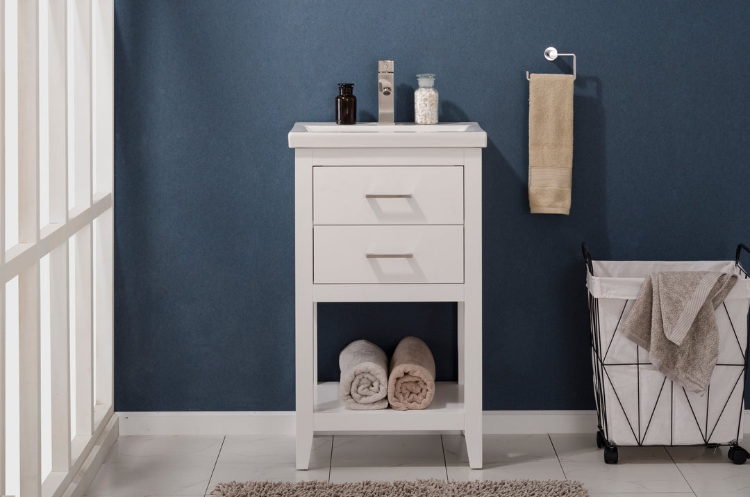 Cara 20" Single Sink Vanity with Porcelain Top - Design Element Bath Kitchen - Bathroom Vanity - White with Silver Satin Hardware