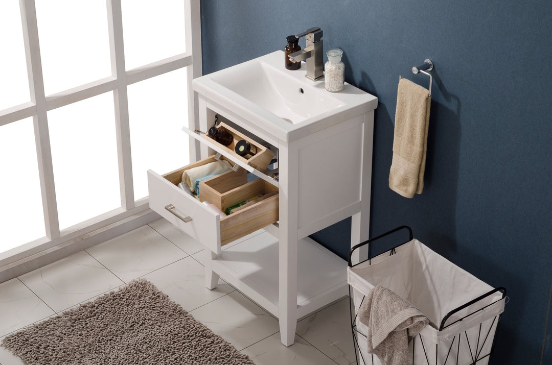 Cara 20" Single Sink Vanity with Porcelain Top - Design Element Bath Kitchen - Bathroom Vanity - White with Silver Satin Hardware