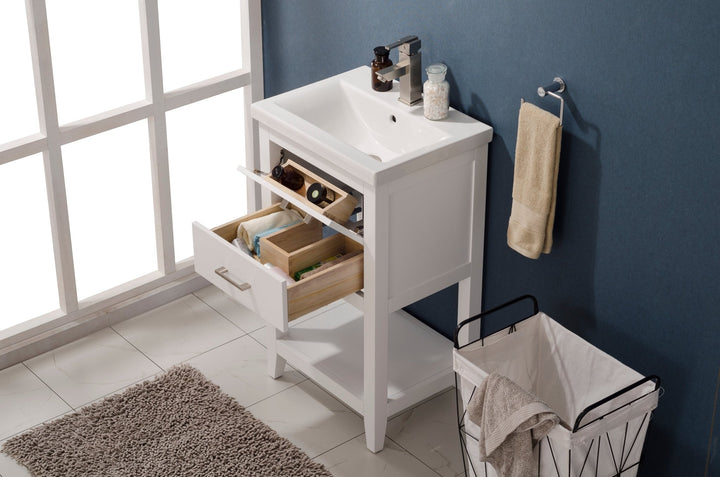 Cara 20" Single Sink Vanity with Porcelain Top - Design Element Bath Kitchen - Bathroom Vanity - White with Silver Satin Hardware
