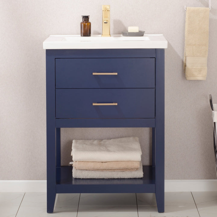Cara 24" Single Sink Vanity with Porcelain Top - Design Element Bath Kitchen - Bathroom Vanity - White with Silver Satin Hardware