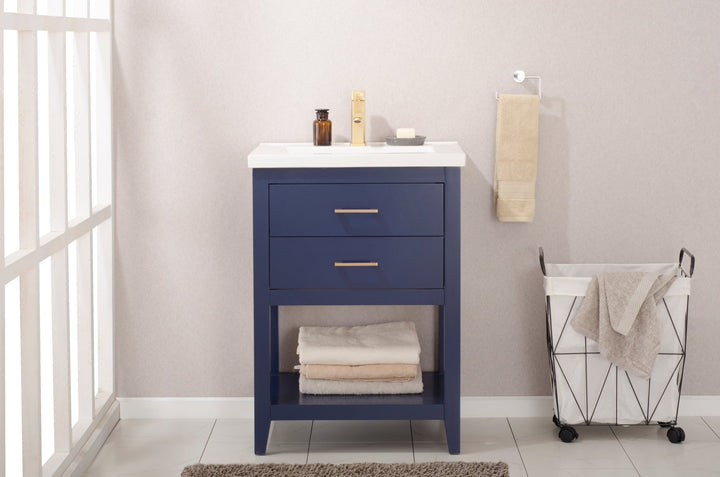 Cara 24" Single Sink Vanity with Porcelain Top - Design Element Bath Kitchen - Bathroom Vanity - White with Silver Satin Hardware