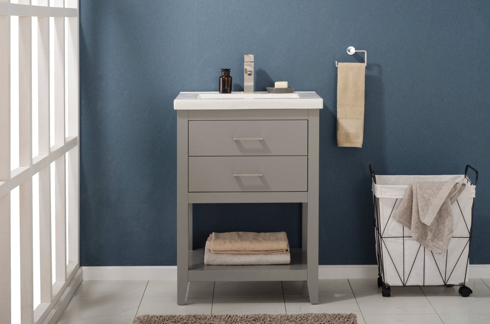 Cara 24" Single Sink Vanity with Porcelain Top - Design Element Bath Kitchen - Bathroom Vanity - White with Silver Satin Hardware