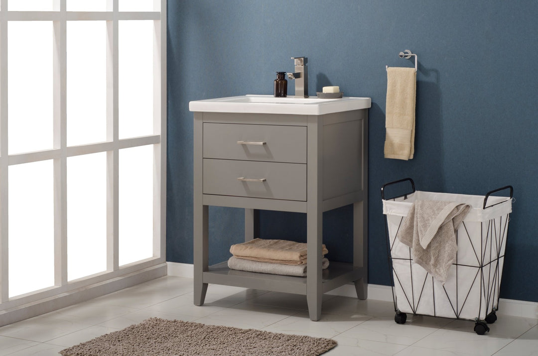 Cara 24" Single Sink Vanity with Porcelain Top - Design Element Bath Kitchen - Bathroom Vanity - White with Silver Satin Hardware