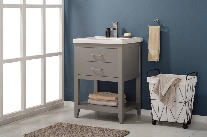 Cara 24" Single Sink Vanity with Porcelain Top - Design Element Bath Kitchen - Bathroom Vanity - White with Silver Satin Hardware