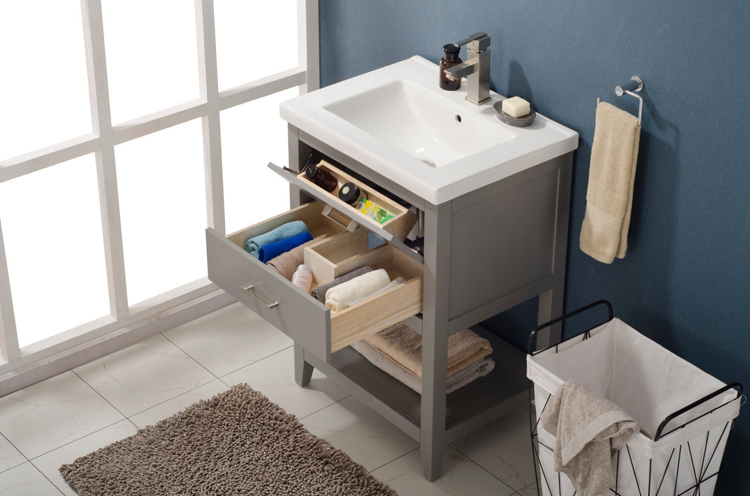 Cara 24" Single Sink Vanity with Porcelain Top - Design Element Bath Kitchen - Bathroom Vanity - White with Silver Satin Hardware