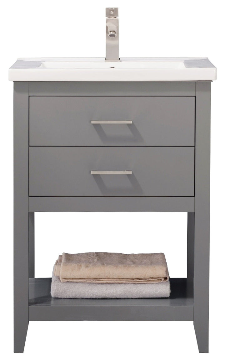 Cara 24" Single Sink Vanity with Porcelain Top - Design Element Bath Kitchen - Bathroom Vanity - White with Silver Satin Hardware