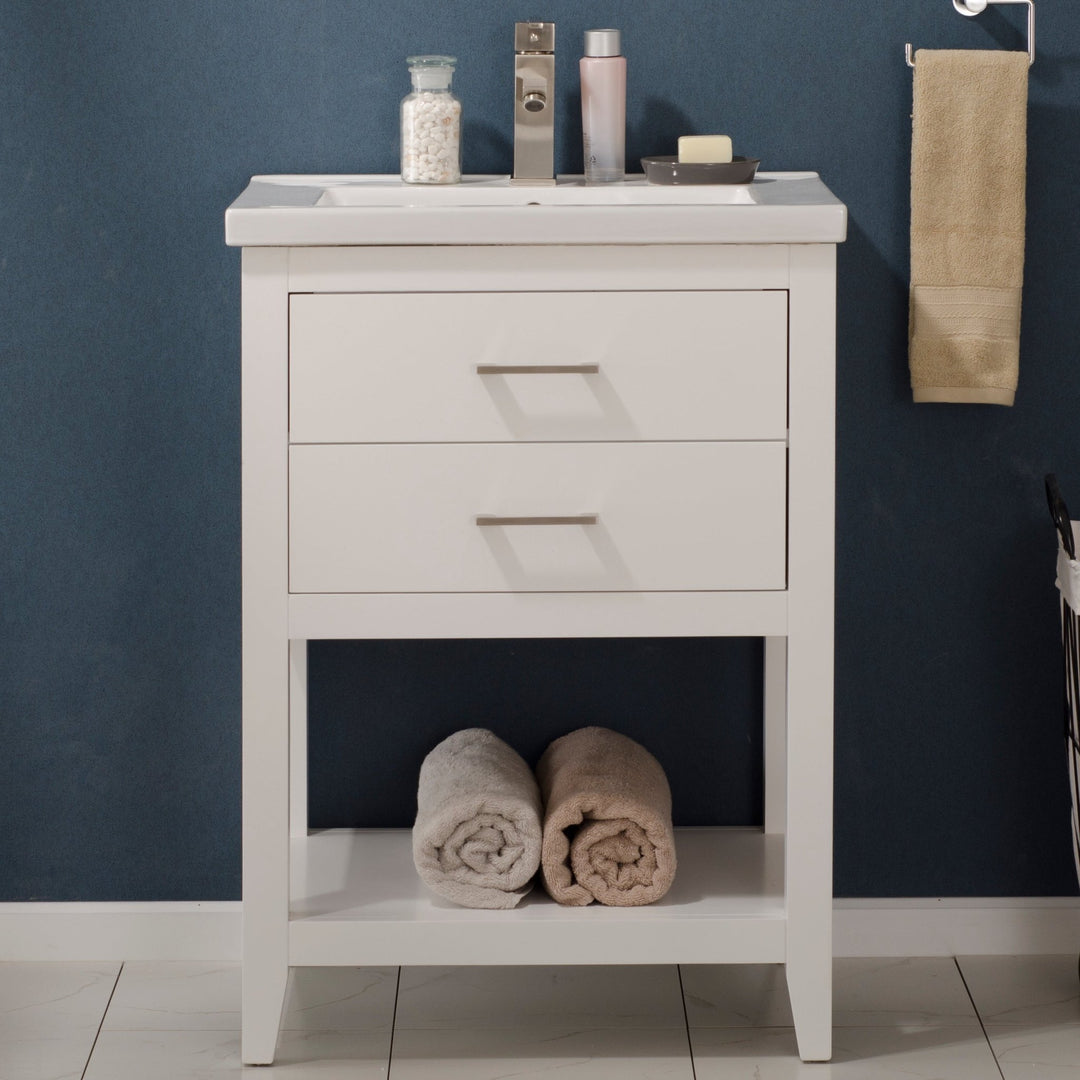 Cara 24" Single Sink Vanity with Porcelain Top - Design Element Bath Kitchen - Bathroom Vanity - White with Silver Satin Hardware
